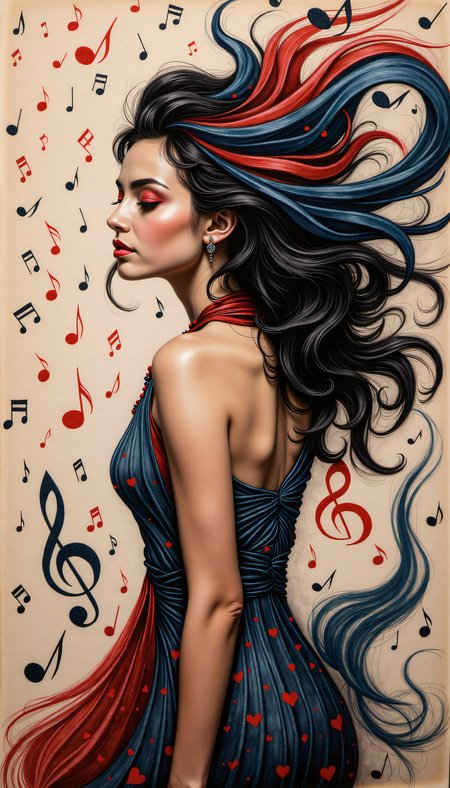 A creative image of a young woman surrounded by swirling notes and melodies, vibrant colors, flowing hair resembling a musical waveform, wearing a flowing dress with a guitar-inspired pattern, intricate details on her clothes and hair, dreamy, ethereal atmosphere, blending the styles of Salvador Dalis surrealism, Frida Kahlos vibrant colors, and Claude Monets soft brushstrokes.