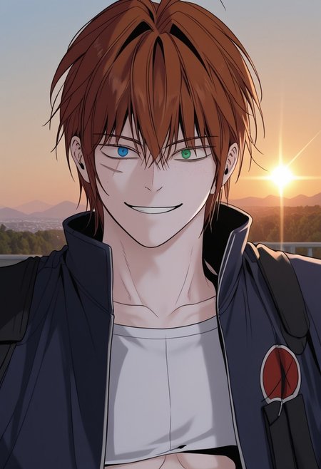 score_9, score_8_up, score_7_up, score_6_up, source_anime, 2d, 1boy, sweaty, smirk, lewd, athletic build, abs, pecs, <lora:add_detail:0.3>, handsome blue and green eyes boy, athletic body, full scars, manly boy, male focus, solo, <lora:Chaos__Hero_Killer__Manhwa__webtoon:0.92>,  Chaos, heterochromia, blue eye, green eye, auburn hair, middle hair, scars all over the body, perfect face, (perfect face, perfect eyes:1.2), looking at viewer, bishounen, toned male, athletic build, large pectorals, abs, six pack, pecs, cute boy in his mid twenties, <lora:0917 torn student shirt_v1_pony:1>, ruanyi0917,torn clothes,school uniform,white shirt, school short, no necktie, (((sitting at edge of rooftop, legs dangling into the air))), six pack, scar all over the body, detailed hair, detailed face, detailed eyes, detailed clothes, detailed skin, ultra-detailed, (upper body), (top quality), extremely detailed, extremely detailed CG, (high resolution), highly detailed, (high quality), (perfect quality), (vibe colors), detailed mouth, detailed ears, detailed eyes, detailed clothes, detailed nose, perfect ears, two colored eyes, perfect face, detailed face, extremely detailed hair, masterpiece, best quality, muscular, high quality, UHD, 4K, Intricate Details, extremely detailed wallpaper, perfect lighting, forest background, very handsome face, evil smile, full body scar, detailed nose, heterochromia, blue eye, green eye, perfect nose, sunset, no lips, no necktie, sit on the edge of the rooftop