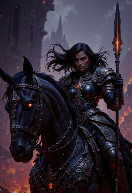 concept art close up of a Fearsome glamourous  female Chaos Knight clad in dark jagged armor adorned with spikes and crimson runes, sitting astride a massive shadowy warhorse. Her glowing, fiery eyes , flowing black hair,  flowing jet-black cape ripples in the wind. She wields a  rune-etched spear ,  glowing faintly with chaotic energy. The warhorse's head, partially visible, is armored with jagged plating and emits a faint, eerie mist from its nostrils. The scene is illuminated by a faint, hellish red glow, with a stormy, apocalyptic sky in the background. Hyper-detailed, photorealistic, sharp focus on the woman , showcasing intricate textures of her armor and her fierce, imposing expression  <lora:FluxMythM4gicalL1nes:0.79> m4gicall1nes <lora:Movie_Portrait:0.7> <lora:flux.1_lora_flyway_Epic-detail_v2:0.6> . digital artwork, illustrative, painterly, matte painting, highly detailed