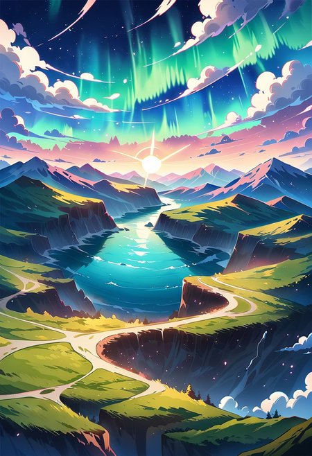 masterpiece, best quality, high quality, intricate, absurdres, very aesthetic, 
no humans, landscape, outdoors, mountain tops, wind, windy, wind lines, clouds, above clouds, cliff, wind magic, aurora,
ultra wide angle shot, cinematic style, highly detailed, extremely detailed, sharp detail, majestic, shallow depth of field, movie still, soft light, circular polarizer, colorful, wallpaper, professional illustration, anime
