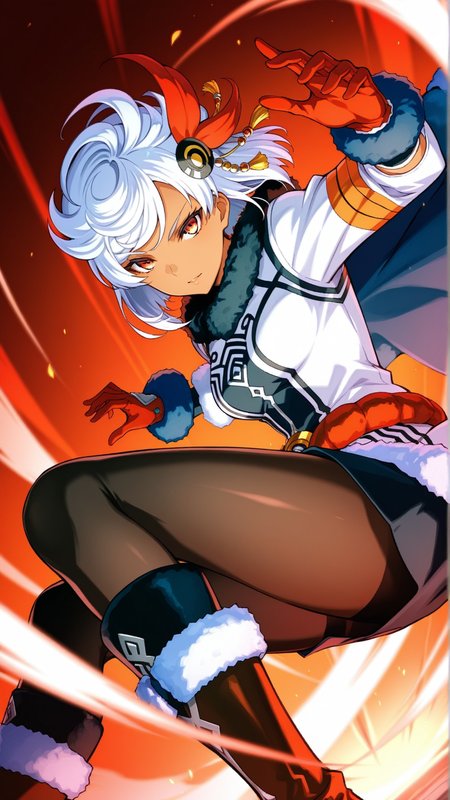 source_anime, general, best quality, masterpiece, 1girl,  <lora:Tissisaaq_ill_v1.0:1> tissisaaq\(scarlet grace\),white hair, short hair, dark skin,fur-trimmed boots, knee boots, hair ornament, coat, gloves, dynamic pose, dutch angle, pantyhose,