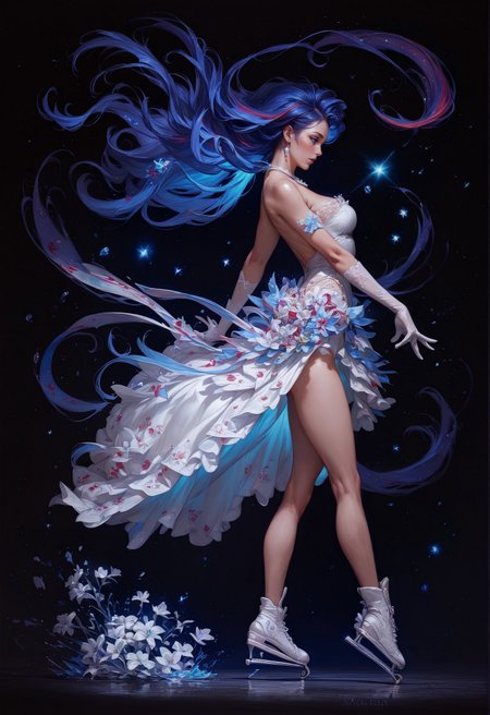 score_9, score_8_up, score_7_up,  solo, side view, full body, (ice skating:1.2), dynamic pose, realistic, concept art, galaxy, 1girl, stars, milky way, love, heart, red hair, stunning white dress, white lace gloves, white flowers, white tulips, floral decoration, legs, black background  <lora:pony/twilight_style:0.8> <lora:pony/expressiveh:0.8> expressiveh <lora:pony/vixon_galaxy:0.65> g4l4xy <lora:sdxl/sinfully_stylish_sdxl>