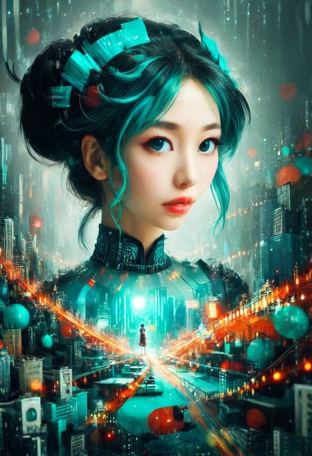 double exposure of opera diva Hatsune Miku with long floating twintails singing high note merging with a printed circuit subtil complex degrade works in electronics chips and circuitery, full of details, positive emotional, masterpiece, fairytale, <lora:DoubleExposure:1>, (head:2), (portrait, close up:1.6), <lora:The Phantom of the Opera style:1.5> The Phantom of the Opera style,  (Hatsune Miku, aqua hair, twintails:1.8), <lora:loraeyesxl:0.4>