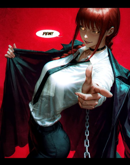 makima \(chainsaw man\),  black choker, red hair,  formal clothes, solo, white shirt, coat, loose shirt, loose necktie, from above, looking at viewer,  chain,  smirk, assertive female, half-closed eye, dutch angle, from side,
simple background, red background, tall female, ultra-detailed textures, narrow waist, petite, wide hips, arched back, toned, aiming at viewer, finger gun, spoken ellipsis, blank speech bubble, uneven eyes, yandere,  parted lips, crazy eyes, 
guweiz, yuumei,  (mzet, fkey:0.1),
<lora:nhl-001-20:0.45> nhl-001, 
<lora:nhl-002-nai:0.3> nhl-002, 
 <lora:nhl-005-noobai-legacy-20:0.45> nhl-005,