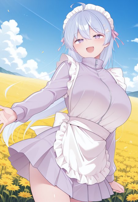 hiwamura_hiyori, @_@, purple eyes, blue hair, ahoge, long hair, cross hair, hair ribbon, maid headdress, maid apron, shirt, light purple track jacket, pleated skirt, light purple skirt, <lora:hiwamura_hiyori_illustrious_ver1:0.8> 
smile,, masterpiece, best quality, general,, 1girl, solo, (field:1.2), (blue sky:1.2), looking at viewer,, (cowboy shot, dynamic pose:1.4),