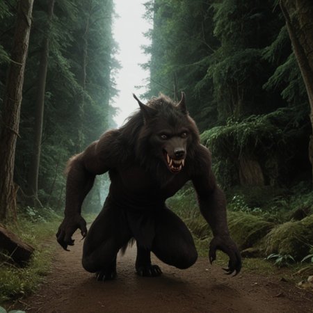 score 9, score 8, score 7, score 6, 1boy, furry male, solo, black fur, animal ears, yellow eyes, sharp teeth, claws, werewolf on down on all paws with tail in the air, wagging tail, trying to look friendly, forest