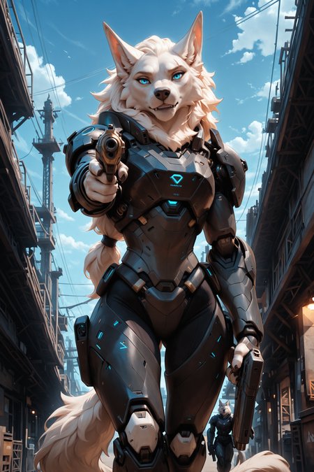 masterpiece, best quality, good quality, very ava, amazing quality, very aesthetic, high resolution, ultra-detailed, 4k, highres, absurd res, volumetric lighting, 5n0w5k4u, Zaush, photorealistic details, ray tracing, mature,

1girl, anthro, wolf, furry, fluffy, fur tuft, mane, (stern), white fur, low-tied long hair, mechanical, android, cyborg, mech, scratched armor, military, large ears, white fur, head tilt, blue eyes, eye scar, tail, dynamic pose, (pointing gun at viewer:1.4), gun focus, looking at viewer, walking, (low-angle view), glowing, neon, cyberpunk, sci fi, day, shipyard,