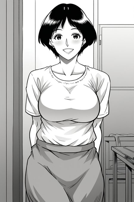 <lora:Hana_Hook-noriko:1>,noriko,1girl,mature female,greyscale,short hair,breasts,shirt,skirt,cowboy shot,looking at viewer,smile,indoors