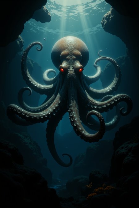 Photo-realistic illustration, a giant octopus with sinister red eyes, its numerous tentacles curling and extending outward, illuminated by a dim, mysterious underwater light, misty atmosphere adding to the sense of depth, detailed textures of the octopus's skin, underwater setting with dark, shadowy surroundings, subtle bubbles and aquatic plants.