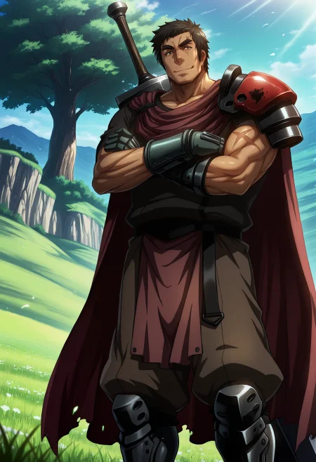 best quality, masterpiece, anime_screencap, hi res, best_quality, very aesthetic, absurdres, 8k, Kva1t,
1boy, male_focus, 
brown_eyes, black_hair, 
scar, manly,muscular, thick eyebrows, facial hair, stubble, sideburns,
smile, happy,
armor, cape, shoulder armor, pauldrons, shoulder pads, gauntlets, gloves, greaves, 
kuroinu emblem, standing, crossed_arms, 
huge_weapon, greatsword, sword_on_back, beautiful lighting, ray traced, outdoors, meadow, tree, cliff, day, sunshine