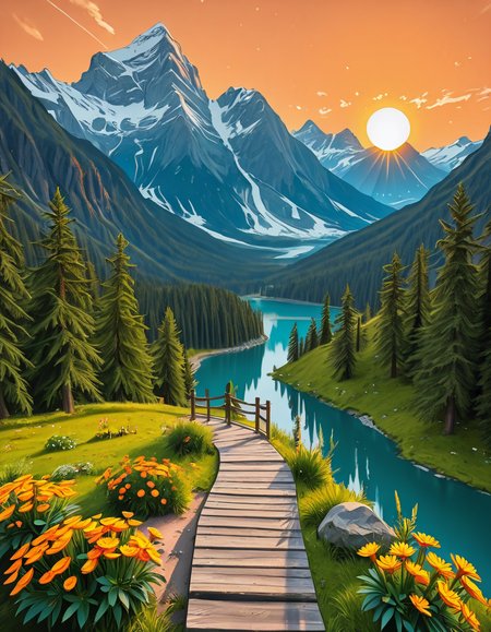 A breathtaking, high-resolution photograph of the most beautiful place on Earth, where natureâs wonders blend in perfect harmony. Towering, snow-capped mountains rise majestically in the background, their peaks glowing under the golden hues of a setting sun. Below, a crystal-clear turquoise lake reflects the colors of the sky, surrounded by lush, green forests filled with ancient trees, vibrant wildflowers, and cascading waterfalls. A soft mist rises from the valley, adding a dreamlike quality to the scene. In the distance, rolling meadows stretch toward the horizon, dotted with colorful flowers and serene wildlifeâgraceful deer grazing, birds soaring in the sky, and butterflies dancing in the breeze. A wooden footpath winds through the landscape, leading to a secluded, tranquil spot where the beauty of nature can be fully admired. The air is crisp and filled with the soothing sounds of rustling leaves, flowing water, and distant birdsong. The sky above is a masterpiece of colorsâdeep oranges, purples, and pinks blending seamlessly as the sun sets, casting a magical glow over this untouched paradise. The atmosphere is peaceful, awe-inspiring, and filled with a deep sense of wonder and tranquility, as if stepping into a perfect dream.
<lora:SDXLFaeTastic2400:0.4> <lora:extremely_detailed:0.4> extremely detailed,Earth P4r4d1s3, <lora:Earth_P4r4d1s3-i:1>, Masterpiece,best quality,hi res,8k,hi res,8k,award winning,(sharp focus, intricate, highly detailed),