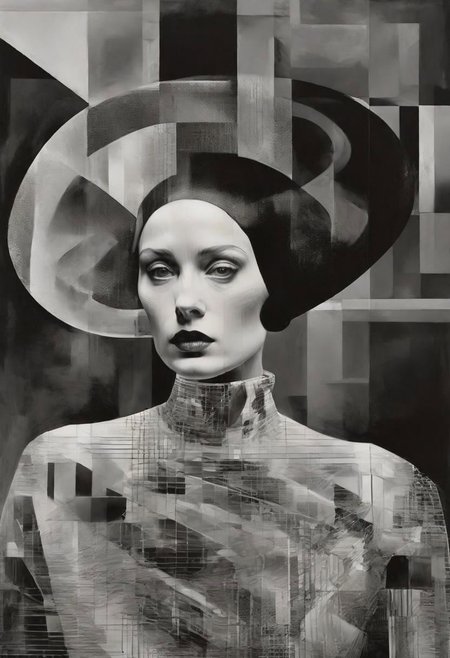 Monochrome black and white, Dali, Magritte, Delvaux, Bellmer, Malevitch, Rodchenko, Mondrian, Kandinsky, Popovna, psychedelic hallucination, pop surrealism, rough crosshatch drawing pop art Lunatic_Portrait of a young woman in latex Avant-garde Fashion page, slick back, low bun, black makeup, sinister expression, intense glare, avant-garde, abstract, weird, geometric, constructivism, suprematism, rayonism, verticism, lineism, tj