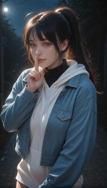 <lora:LCMTurboMix_Euler_A_fix:1> <lora:example_SDXL:0.3>, EZRealPONYXL, <lora:Dramatic Lighting Slider:3> <lora:realistic filter [IL]:1>
DSLR,realistic,cosplay photo, (very awa,masterpiece,best quality,year 2024,newest,absurdres,highres:1), realistic,skin texture,facial features, photography shot with Canon EOS 5D Mark IV , realistic, RAW, best quality, masterpiece, amazing quality, skin details,
1girl, highly detailed beautiful face, large natural breasts,
detailed background, shiny skin, dutch angle, night, moonlight,
beautiful detailed eyes, intricate details, absurdres, anime screencap,
<lora:YoakenoNanashi_Vtuber_kill0825:1>
VTNanashi, long hair, black hair, red eyes, fang, ahoge, sidelocks,
long sleeves, jacket, ponytail, thighs, open clothes, hood, mole, open jacket, sweater, black shirt, hoodie, hood down, blue jacket, denim, white hoodie, undershirt, denim jacket, shirt, turtleneck, front bang,
 <lora:shushing-illustriousxl-lora-nochekaiser:1>, shushing, finger to mouth, index finger raised,,
