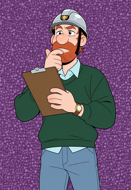 masterpiece, best quality, amazing quality, detailed background, intricate details, dynamic, cinematic, cartoon, anime, cartoon shading, solo, male focus, source_anime,high resolution, newest, depth of field, bara, yaoi, perfect face, 1boy, p3te, ginger hair, black eyes, beard, dark green sweater, light blue collared shirt, wristwatch, jeans, dark navy shoes, looking at clipboard, (cronstuction helmet), thinking, clipboard, holding,  upper boddy, purple background, abstract background, dutch angle