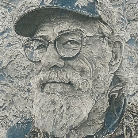 <lora:SDXL_lace_drawing_Sa_May_V3:1>    lace drawing,   very close-up portrait of a 60-year-old hipster biker-style