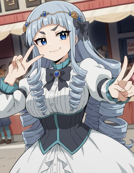 score_9, score_8_up, score_7_up, source_anime, <lora:fairy-tail-touka-100yq-ponyxl-lora-nochekaiser:1>, touka, long hair, bangs, blue eyes, grey hair, blunt bangs, tattoo, drill hair, large breasts, hair bow, circlet,, long sleeves, dress, bow, puffy sleeves, bowtie, white dress, black bow, juliet sleeves, black bowtie, street market, vendor, street food, bustling crowd, local flavor, vibrant, smile, , v, v over mouth, smug,, solo,, dutch angle,