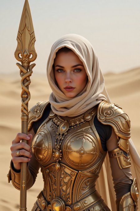 UHD, 4k, The sand empress, Extreme Upper Body Closeup Portrait, Sandy beige and bronze color graded, Face partially covered by a wind-swept scarf hood, Desert nomad inspiration, analog Photo of a fierce armored desert conjurer with a staff entwined with golden serpents, the serpents' eyes glimmering faintly, sandstorm sovereign, action pose, featuring a relentless, a desert warrior with translucent sand-based powers. She is depicted in a swirling sandstorm, gripping a spear made from crystallized sand. The glowing bronze outlines define the rugged lines of her form, weathered armor. The armor includes a rich bronze and beige chest piece with detailed hieroglyphic patterns.
, s-pose,future enchantress