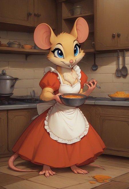score_9, score_8_up, score_8, solo, fluffy, (feral), indoors, toes, furry, (((mouse))), female, blue eyes, yellow fur, chest, claws, (fluffy cheeks:0.7), (red dress, white apron), in the style of beatrix potter, cel-shading, fca style, medieval kitchen, cooking, (solo:2)