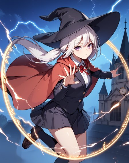 lucy_maeril, long hair, white hair, purple eyes, 1girl, witch hat, neck ribbon, red ribbon, white shirt, black skirt, pleated skirt, collared shirt, low twintails, academy school uniform, black jacket, red capelet, BREAK clock tower in background, above tower, night BREAK lightning, floating hair, magic circle, spell, casting spell, neutrale face, open hands, looking at viewer, floating BREAK, solo, score_9, score_8_up, score_7_up, source_anime ,zPDXL, <lora:Lucy_Maeril_Pony:0.8>