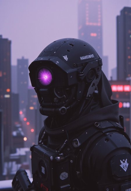 Extreme head closeup, cloudy, bright, high contrast, overlooking a snow-covered cityscape of towering skyscrapers and decaying buildings in a vast cyberpunk metropolis by night. The scene is shadowy and cool, with the specialist standing on the edge: a woman Hooded fishtank-head armored robot, text"doom", translucent dark-purple Glass Tank with a floating Galaxy inside, cloaked in a black military functional suit and a semi-transparent camo cloak. His cloak shimmers, reflecting faint, disappearing cyberpunk tiles like a glowing membrane. Emphasize the dark, dystopian atmosphere as his features are barely visible in the ambient neon glow. The chaotic sprawl of the towering structures contrasts with the sharp, meticulous details of the specialist, as he silently observes the city below. The cloak billows slightly in the wind, catching the dim light from the decaying metropolis. A chilling, post-apocalyptic mood fills the scene, filled with tension and mystery. The scene is bathed in dim, atmospheric light, with washed-out neon hues of pink, green, and blue creating a surreal and moody aesthetic.