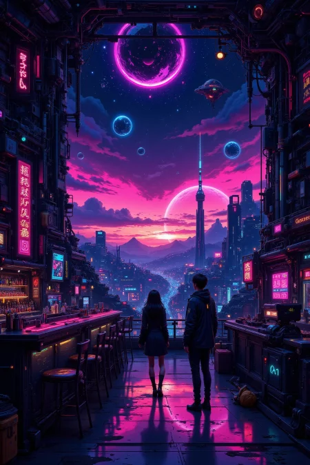 a cyberpunk bar in a distant planet beautiful  landscape, day, woman, very intricate, very detailed, sharp, bright, colorful, <lora:Hand v2:0.5> <lora:Anti-Blur:1><lora:Insane Detail Slider:0.25>  <lora:flux.1_lora_flyway_Epic-detail_v2:0.3> <lora:fluxenhancer:0.25> <lora:Neurocore Anime Cyberpunk v2.0:1> A digital artwork in the style of cknc <lora:abyss-neon:0.6> bo-neon