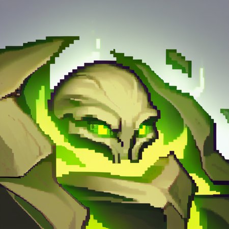 score_9, score_8_up,  <lora:zs_FEGBAPortraitsXL:1> fegbaportraits, portrait, white background,  <lora:NSFelConstructWC3:1.1> NSFelConstructWC3, green eyes, standing, no humans, glowing, glowing eyes, monster made of stone, green flames, green glow, bones, close-up