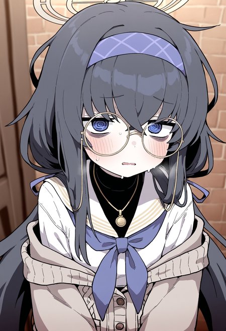 masterpiece,best quality,amazing quality,
1girl, ui (blue archive), solo, bags under eyes, long hair, halo, round eyewear, black hair, blush, glasses, hairband, upper body, cardigan, neckerchief, sweat, bangs, jewelry, sailor collar, looking at viewer, parted lips, blue eyes, necklace, long sleeves, hair between eyes, school uniform, blue hairband, white sailor collar, blue neckerchief, twintails, ribbon, serafuku, @_@, eyewear strap, hair ribbon, off shoulder, black undershirt, shirt, very long hair,
<lora:Lativi_V2_epoch_10:1>