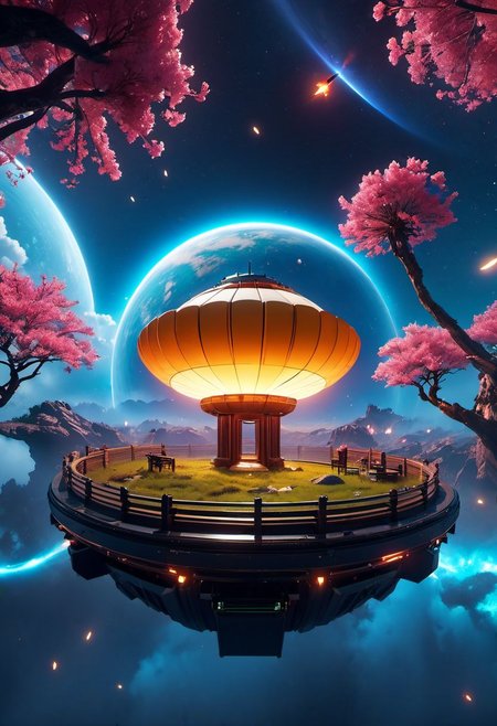 4D render, blender, landscape, Ancient,apocalypse, perfect world, ARK game style, cyberpunk 2077, unreal engine 5 graphics style, spaceship, outdoors, icon, floating in the air, outer space planet, sky gate,dinheirosaurus, human, bulding night, meteor aurora , flower, top-down view, firefly -ar 9:16, high saturation, high contract, fire effcect, bigbang, top-down view