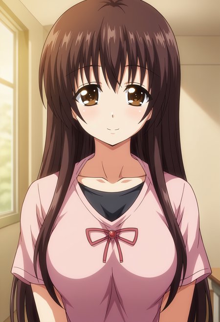 <lora:Komachi_Yakuouji-Pretty_x_Cation:0.8>,Komachi,1girl,solo,long hair,brown eyes,brown hair,breasts,t-shirt,upper body, looking at viewer, smile,indoors,