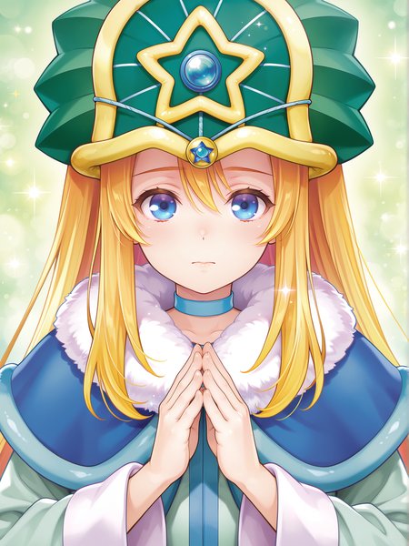 official alternate costume,doriado,1girl,solo,blue choker,upper body,looking at viewer,sparkle,closed mouth,green background,green wizard hat,blue rope,fur trim,official art,clasped hands pose,
masterpiece,best quality,amazing quality,very aesthetic,absurdres,newest,<lora:Doriado 4 in 1 illusXL v1.1:0.7>,