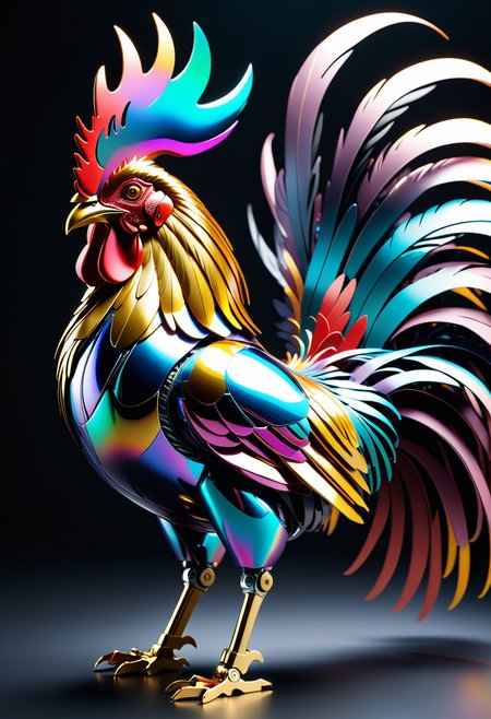cybernetic robot Striking appearance of a mechanical robot rooster, intricate mechanisms make it a marvel of engineering, close-up, magnificent creation captivates onlookers, boasting a unique design that seamlessly blends organic and synthetic elements, the rooster is truly a prized possession among those who appreciate fine craftsmanship, iridescent plumage composed entirely of polished metal, reflects every hue of the spectrum, breathtaking sight to behold, style of Slawomir Maniak,  android, AI, machine, metal, wires, tech, futuristic, highly detailed
