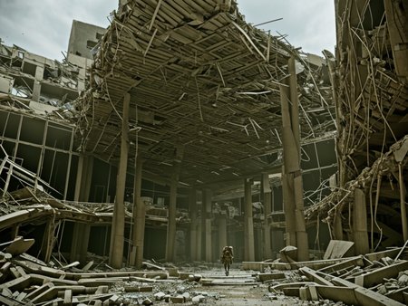a detailed scaled (giant (female titan:1.05) walking inside) a modern building in front of a (city in ruins:1.2).
 <lora:Wasteland:0.55> Wasteland, the, and, with, wasteland, background