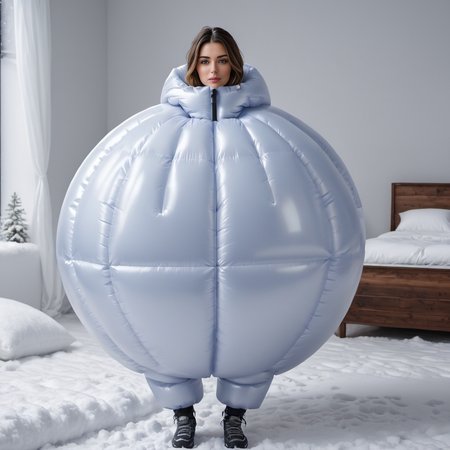 one cute american women wearing a large inflatable spherical downsuit puffer_downsuit , hyperdetailed photography,4k textures,intricate details,4k resolution,  <lora:puffer_downsuit_v1:0.4>, snow bedroom scene
 <lora:inflatablerubber:0.7>