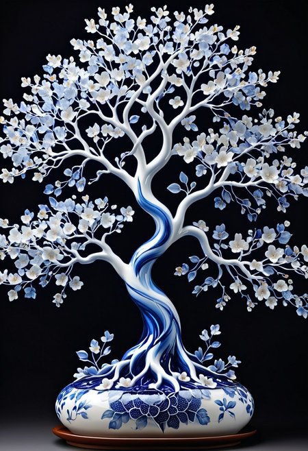 Porcelain sculpture,cherry blossoms tree, Bluepatternporcelain ,blue fluid,gems,dried flowers,hyperrealistic,see-through