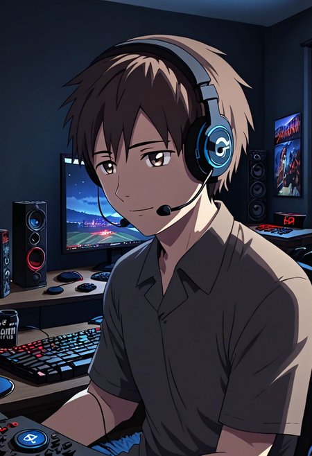high resolution, solo, best quality, 1Boy, Takaki Toono, Brownish Hair, Brown Eyes, gamer, bedroom, night, pc, sit, headset, portraits, OverallDetail