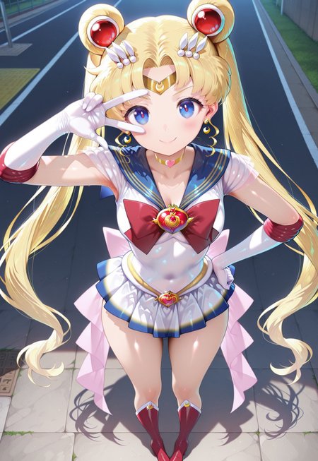 masterpiece,extremely detailed,best quality,amazing quality,newest,absurdres,highres, super detailed skin,1 girl, supersailormoon, twintails, circlet, earrings, heartchoker, white back bow ,gloves, miniskirt,, smile, pigeon-toed, v_over_eye ,One hand on hip and the other making a V_over_eye,, from above, outdoors