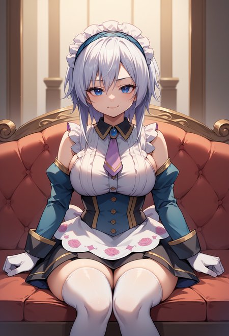 score_9, score_8_up, source_anime, 1girl, solo, HimejiShirayuki, medium hair, sidelocks, frilled hairband, pink necktie, collared dress, blue corset, detached sleeves, blue sleeves, white gloves, black skirt, apron, white thighhighs, indoors, sitting, on couch, smirk, <lora:ChamHimejiShirayukiPonyXL:1>