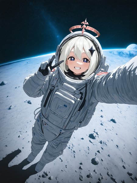 masterpiece, best quality, amazing quality, newest, very aesthetic, highres, absurdres, re4lity_sync_illu, solo, 1girl, paimon, selfie, cheerfull smile, teeth, v, astronaut suit, astronaut helm, on moon, space, dutch angle, stars, cinematic, photo background