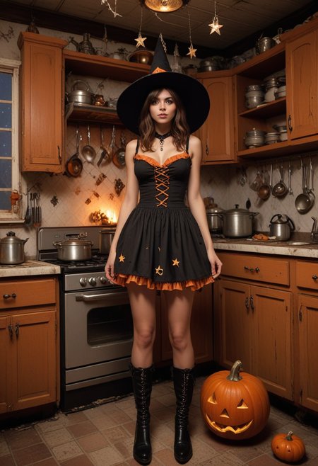 (medium full shot) of (sexy witch) young woman, mexican, brown eyes, medium skin tone, tan skin, light brown eyes, slim build, brown hair,  wearing Bewitching black and orange dress with pumpkin motifs, striped stockings, black boots, (pointed hat adorned with silver moons and stars), crystal ball, set in  haunted house, Kitchen, Desolate space with rusted pots and pans hanging from hooks, cobweb-covered cabinets filled with chipped dishes, a broken stove with shattered knobs, a flickering candle casting eerie shadows, and a rotten smell emanating from the pantry , at night, laughing, jumping in the air, Masterpiece,best quality, photorealistic, amazing quality, very aesthetic, extremely detailed face,