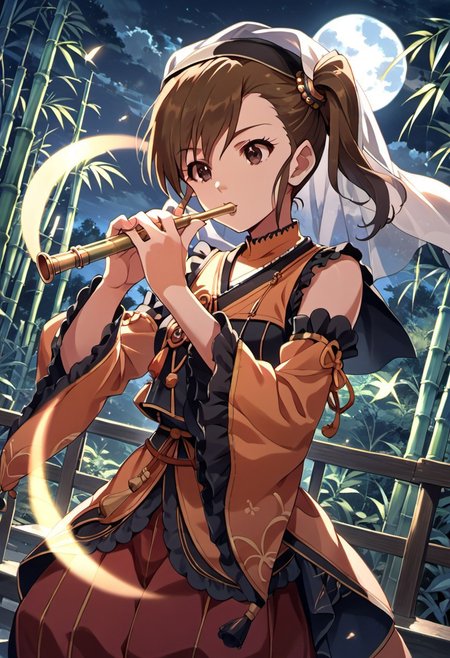 score_9, score_8_up, score_7_up, source_anime, futami mami, brown hair, side ponytail, brown eyes, 1girl, solo, flute, veil, moon, instrument, detached sleeves, music, night, full moon, playing instrument, bamboo