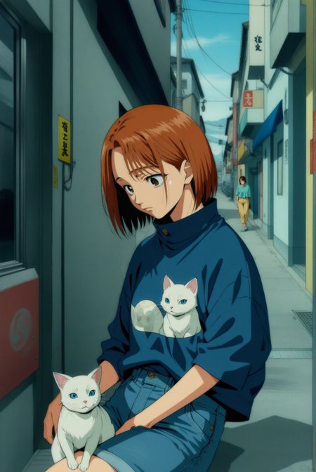 1girl, ieiri shoko, jujutsu kaisen , (90s anime style:1.5), front view, outdoors, street view, (looking down:1.3), perfecteyes, shirt, denim shorts, (a single white cat sitting next to them) <lora:detailed_notrigger:1> <lora:ParchartXL_CODA:0.2> <lora:Isometric Cutaway:1> <lora:PerfectEyesXL:1> <lora:Surreal Harmony:0.2>