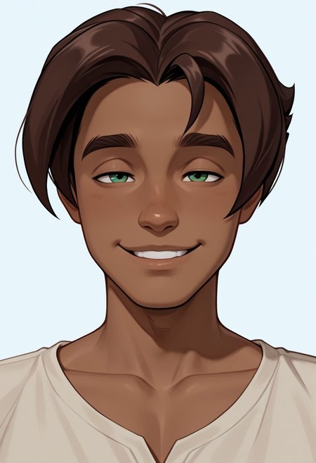 masterpiece, absurdres, high quality, perfect anatomy, 1boy, solo, cute boy, male focus, Presley, Dark Skin, Brown Hair, Green Eyes, collarbone, smug smile, parted lips, intricately detailed illustration, masterpiece, best quality, amazing quality, very aesthetic, absurdres, newest, very awa,  shadow, portrait, simple background,
