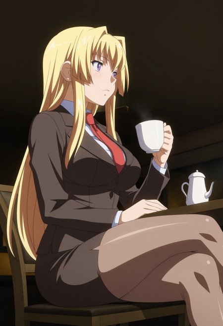 1girl,solo,mm,mature female,blonde hair,long hair,purple eyes,,large breasts,anime coloring,
office lady,formal,jacket,shirt,necktie,pencil skirt,crossed legs,holding cup,sitting,on chair,table,cafe,indoors
,masterpiece,best quality,amazing quality,<lora:Alicia_Arcturus-kuroinu_ix:0.8>
