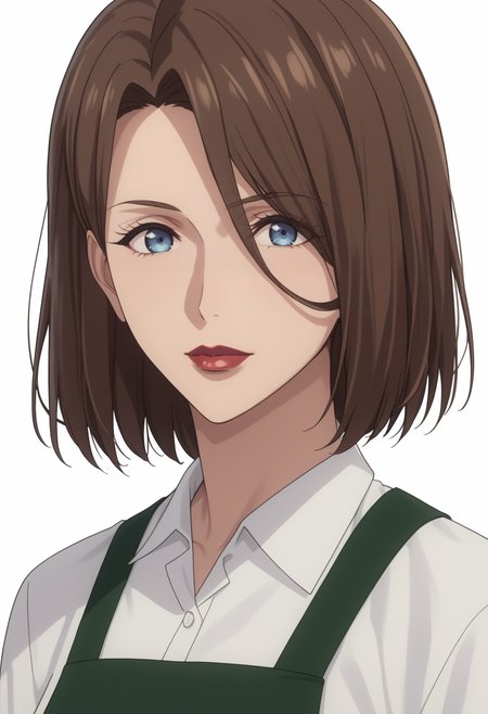 score_9, score_8_up, score_7_up, source_anime, white white background, looking at viewer,   BREAK, 1girl, solo,   <lora:DX888YumikaRaiha:1>,sakuraba yumika, brown hair, blue eyes, lipstick, mature female, bob cut,  green apron, white shirt, lips