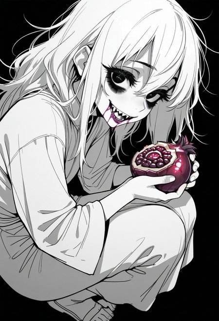 tfaix
black eyes, bags under eyes,    
big eyes,  (black eyeshadow:0.8),  thick eyelashes, 
from side, monochrome, greyscale, simple background, black background, 
looking at viewer, looking down, (wild, crazy smile:1.2), solo, 1girl, full body, white robe, torn clothing, holding a purple half-eaten pomegranate , (purple pomegranate with a bite missing:1.2, half-eaten purple pomegranate:1.5), perspective, (sharp teeth:1.2), purple liquid on mouth, purple liquid on face, half-closed eyes, + +,   black eyeliner, white hair,
masterpiece, best quality, amazing quality,
dark messy sketch, messy lineart, unfinished,
(horror \(theme\),:1.2)