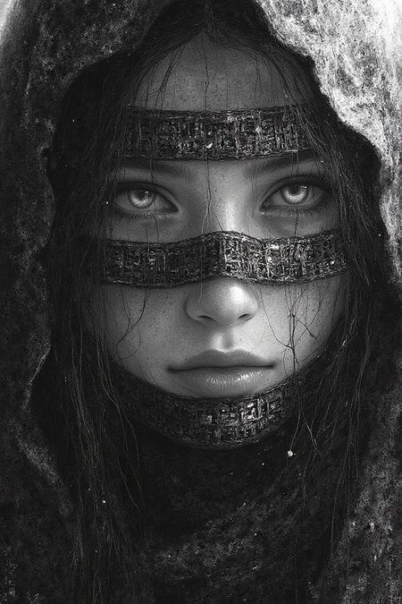 Close-up portrait of a young woman, likely in her late teens or early twenties, with a mysterious and powerful demeanor.  Her face is covered in strips of fabric resembling ancient Egyptian bandages, intricately patterned with hieroglyphs.  Her eyes, large and striking, are a light gray-white, highlighting a piercing gaze and a sense of intense concentration. Her expression is serious, almost stoic, conveying a mix of resolve and danger.  Her hair is long and dark, partially hidden under a hood, adding to the sense of mystery.  The woman's body is entirely covered in the same material, creating a ghostly, almost otherworldly appearance. The style is stark black and white, with grainy texture mimicking aged materials, reflecting a grim atmosphere.  Intricate hieroglyphs and ancient markings on the bandages give the image a historical/fantasy feel, while spiderweb-like patterns in the background amplify the sense of mystery and danger. The composition is focused on the woman's face and upper body, creating a dramatic, close-up perspective.  The lighting is dramatic, emphasizing the subject and the intricate detail of the markings, generating a dramatic mood. A high contrast style,  with strong shadows and high key highlights further emphasize the artistic style, hinting at a digital painting or graphic novel aesthetic. The overall atmosphere is dark and mysterious, reminiscent of fantasy art, perhaps even historical fantasy, with a hint of dark magic.,velvet_myst