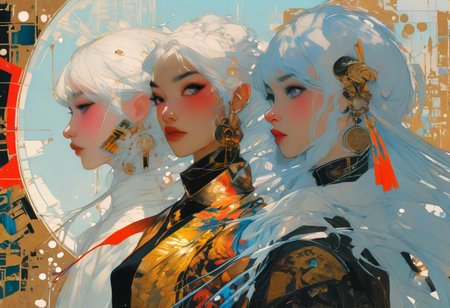 score_9, score_8_up, score_8_up, ((Cinematic composition)),((masterpiece)), (resplendent highlighting), 8k. 
3 girls posed like Charlie’s Angel’s, (full body). 3 beautiful girls of differing cultural heritage posed like the poster. they are wearing different styles, revealing futuristic clothing, layers. ((full body)) one girl is blonde, one girl has black hair and the last girl has red hair caught up by the wind. (resplendent highlighting of her face). Cyber atmosphere. Cool. Utopia. High tech Asian style. Deep rich colours.
Ink, Charcoal and colourful oil pastels. impressionistic bidimensional. (Klimt :1.2) dadaistic collage (by Bill Sienkiewicz:1.5), strikingly alluring face. brilliant spotlight effect. A splash of paint explodes between their feet. 
Vibrant thick dripping paint. Intense detail, realistic, dynamic shadows and contrasts.
surreal, intense colors, liquid, unreal parts, alluring, fluid, perfection, gothic. (Luminous skin dynamically highlighted), Illustration, (klimt:0.8) (Bill Sienkiewicz:1.5). maximum detail, Chinese watercolor and ink technique. Gold leaf highlights.
<lora:xl_more_art-full_v1:0.4> <lora:epi_noiseoffset2:1>3