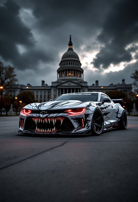 A striking photograph captures a dramatically modified Chevrolet Camaro parked on a paved surface, with a striking backdrop of a historic government building looming in the distance under a dark and stormy sky. The car boasts a highly detailed and menacing wrap design, featuring a large, open-mouthed monster face with sharp teeth on the front, creating an aggressive and predatory vibe. The design, which resembles scales or feathers, extends across the hood and sides of the vehicle, enhancing the fierce aesthetic.
The color scheme of the car is predominantly white, with black and red accents adding to its sinister appearance. The red glowing headlights and side markers cast an eerie, almost demonic glow, further emphasizing the monster theme. The cinematic image exudes power and intimidation, amplified by the ominous weather and the grand architecture. The, graffiti, cinematic, vibrant