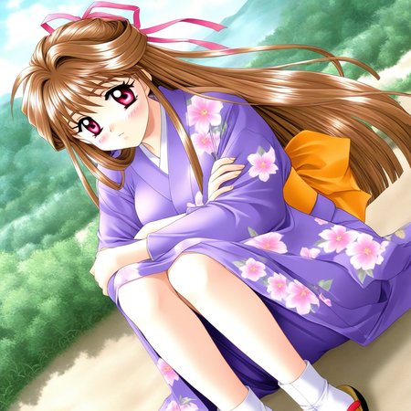 general,highres, ultra-detailed,very aesthetic,best quality ,best hands, BREAK <lora:Minamizato_Ai_kakyuusei_Ver2.0_IS:1> Minamizato_Ai(kakyuusei), 
1girl, solo, brown hair, long hair, bangs, pink eyes,  breasts, hair ribbon, pink ribbon, breasts, crossed arms, white shirt,
1girl, solo, japanese clothes, kimono, brown hair, tabi, long hair, sitting, sandals, long sleeves, floral print, 
purple kimono, red eyes, obi, sash, half updo, blush, socks, ribbon, hair ribbon, outdoors, dutch angle,