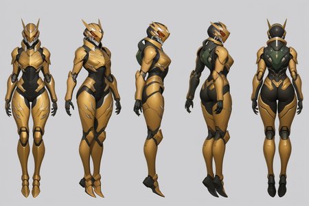 (GENERAL:0), mecha, robot, masterpiece, best quality, very aesthetic, absurdres, solo, standing,
(VIEWS:0),  full body character turnaround of mecha,
Multiple views of the same mecha,  (simple background, white background:1.2), multiple views, side view, back view, front view, 
sunglasses, goggles,
mask, helmet,
Alligator\(animals\)ï¼
slayer Praetor suit\(Doom\),
plate armor, power suit, alien,
android, cybersuit, upper armor, mechanical arms, machinery, prosthesis,
(bodyshape:0), Toned and athletic body,
(clothing:0), (Oscar de la Renta silk gown:0.6), 
(gold  
Gothic  theme character design:1.1),
 <lora:MechTurnXLRemix_v1:.75>
 <lora:MechTurnXL_v1:.25>
<lora:ClothTurnXLRemix_v1-000004:.25>
 <lora:ClothTurnXL_v1-000004:0.25> 
<lora:CharTurnXL_v2:0.25>
 <lora:xl_more_art-full_v1:.25>,
 <lora:Alphonse Mucha Style:.1>, Alphonse Mucha Style page
 <lora:å½é£æç»SDXL:.1>